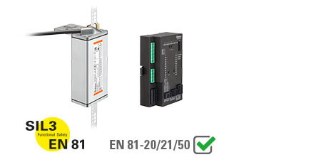 Shaft copying system Safe System: SIL3-certified sensor technology with suitable evaluation unit or Position Supervisor Unit for the realization of elevator and safety functions.